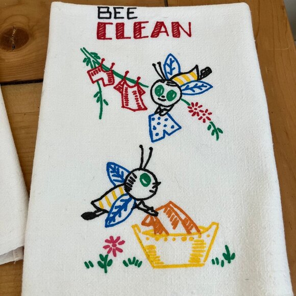 Bee Clean Helpful Tasty Kitchen Tea Towel Dish Cloth Vintage Set of 3 White - Picture 8 of 9